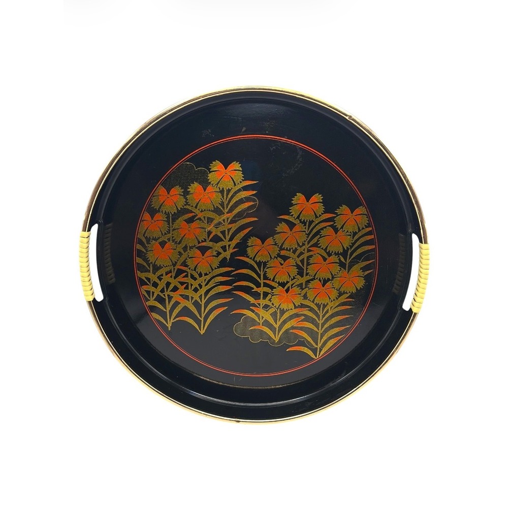 Vintage Japanese Lacquerware Round Serving Tray Black Gold Orange Floral MARUSEI